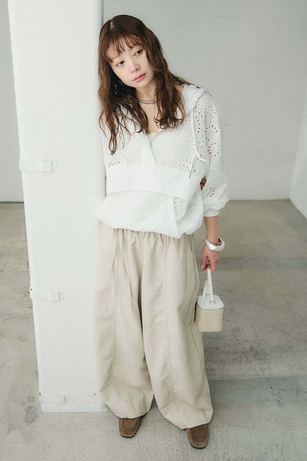 [SET]レースハーフジップアップフーディー+フェイクレザーカーブワイドパンツ(2set)