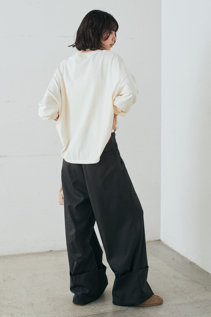 [SET]裾センタードロストロゴプリントワイドTシャツ+センタープレスセミワイドパンツ(2set)