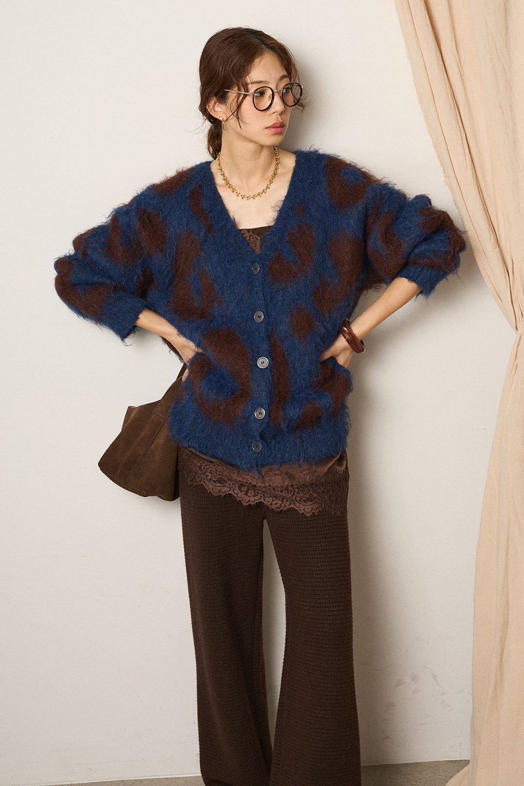 [SET]レオパードシャギータッチカーディガン+レースサテンキャミソール(2set)