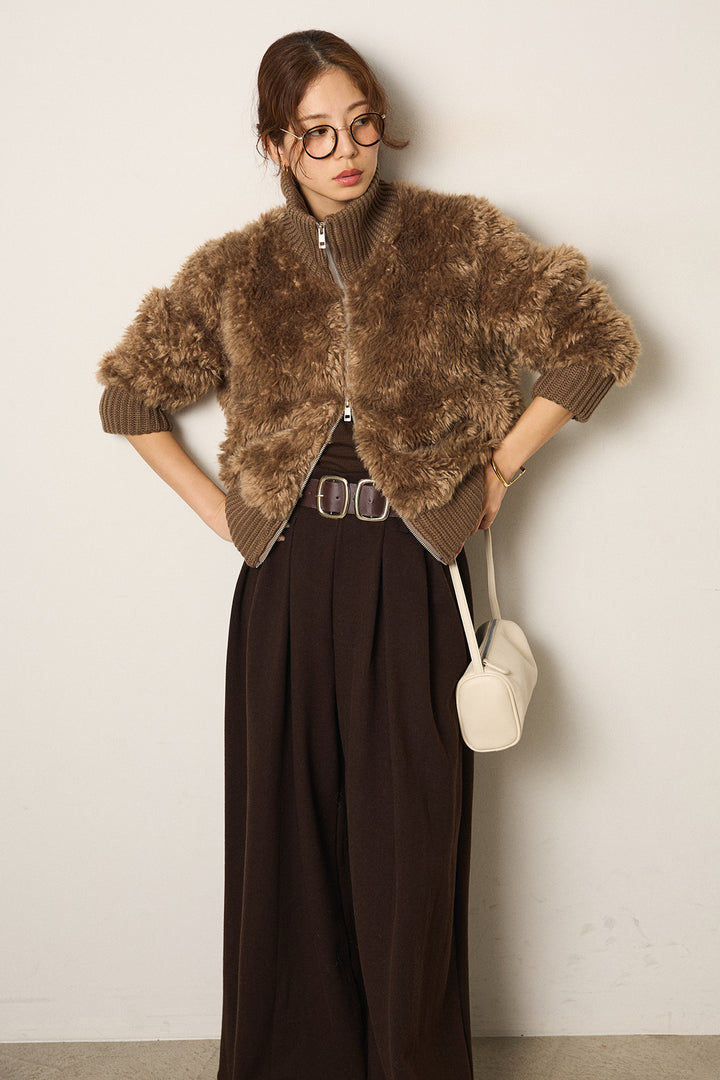 [SET]ハイネックボアブルゾン+フェイクレザー太ベルト付きタックワイドパンツ(2set)