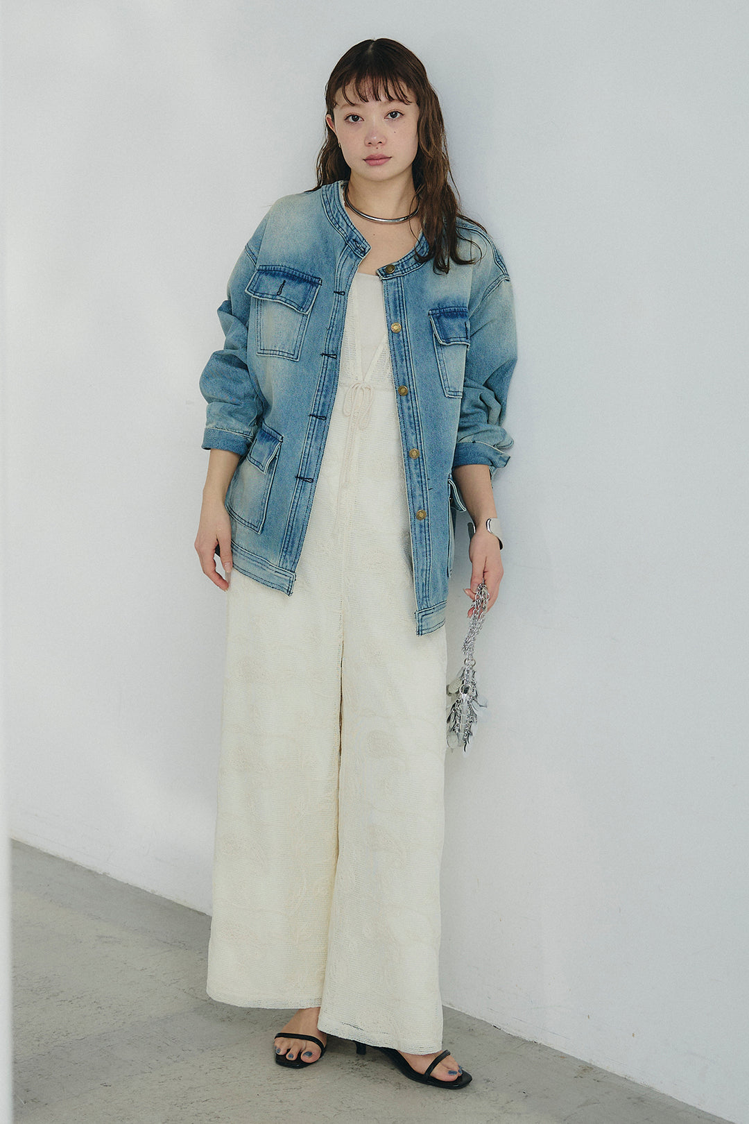 [SET]ノーカラーデニムポケットジャケット+レースサロペット(2set)