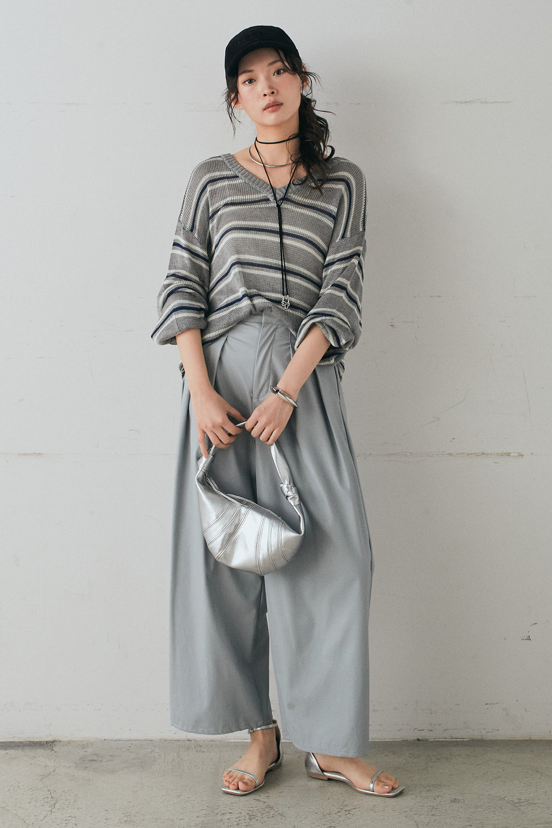 [SET]綿タッチVネックボーダートップス+ウォッシャブルエコレザータックパンツ(2set)