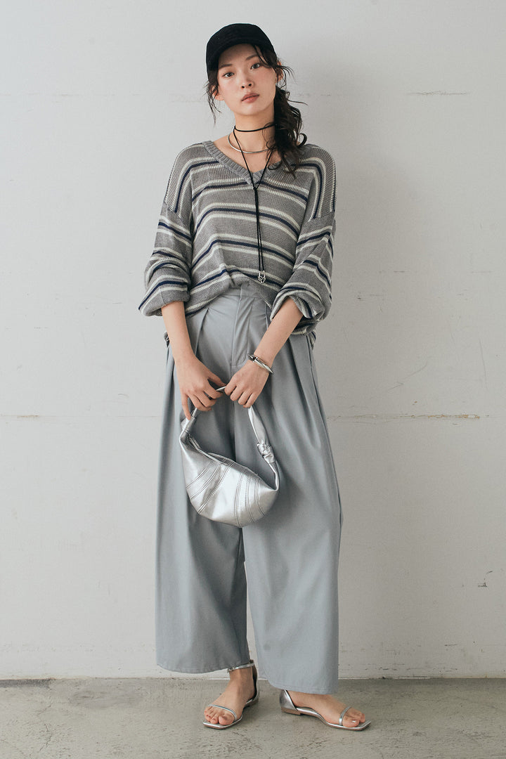 [SET]綿タッチVネックボーダートップス+ウォッシャブルエコレザータックパンツ(2set)