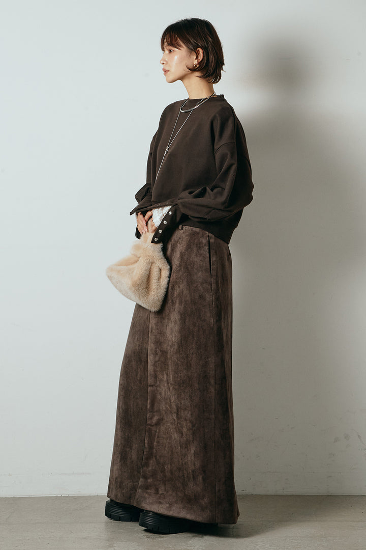 [SET]裏毛バックオープンプルオーバー+エコスウェードワイドスカート+ストレッチレースクルーネックインナー(3set)