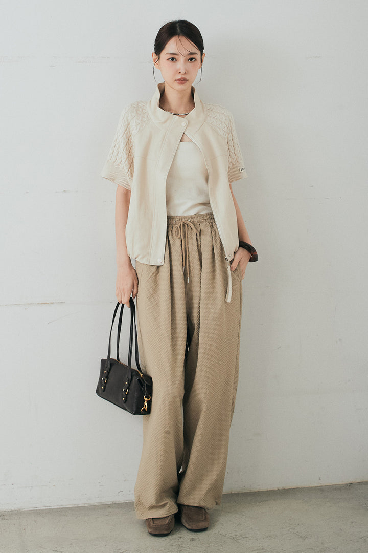 [SET]ニット切替レザーライクベスト+シアサッカーイージーパンツ(2set)