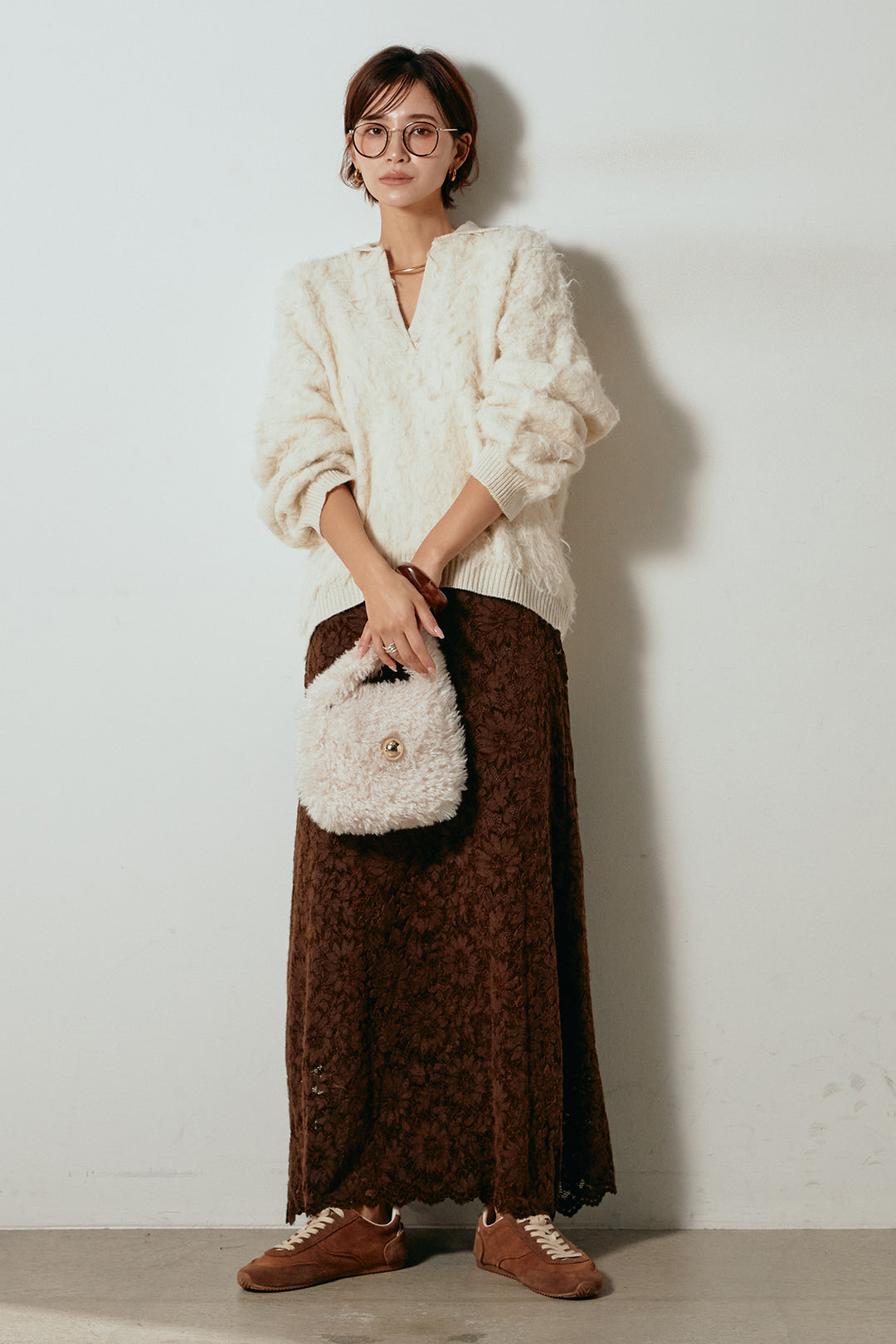 [SET]襟付きシャギーニットポロトップス+花柄刺繍ベロアフレアスカート(2set)