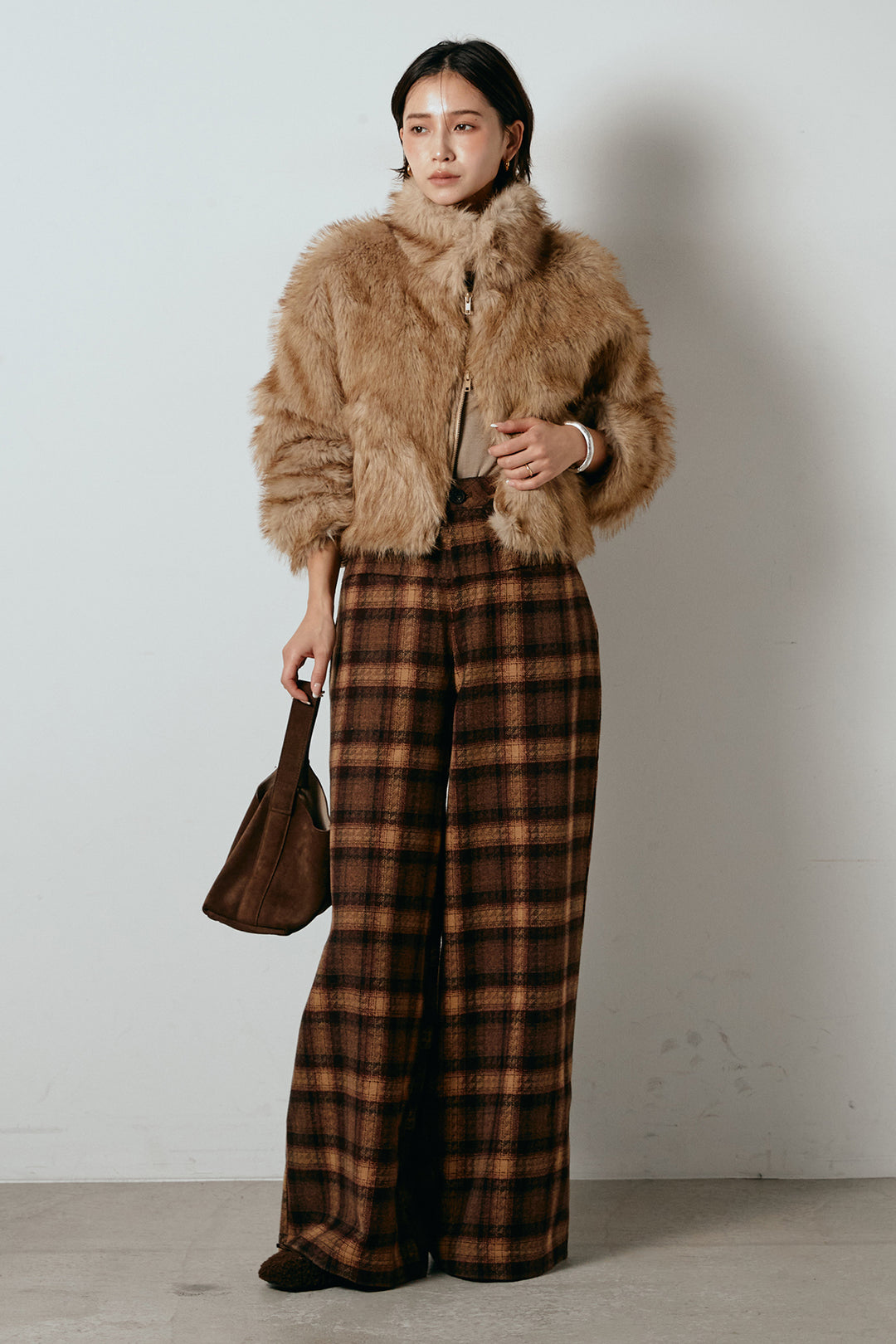 [SET]エコファーショート丈ブルゾン+ルーズタータンチェックワイドパンツ(2set)