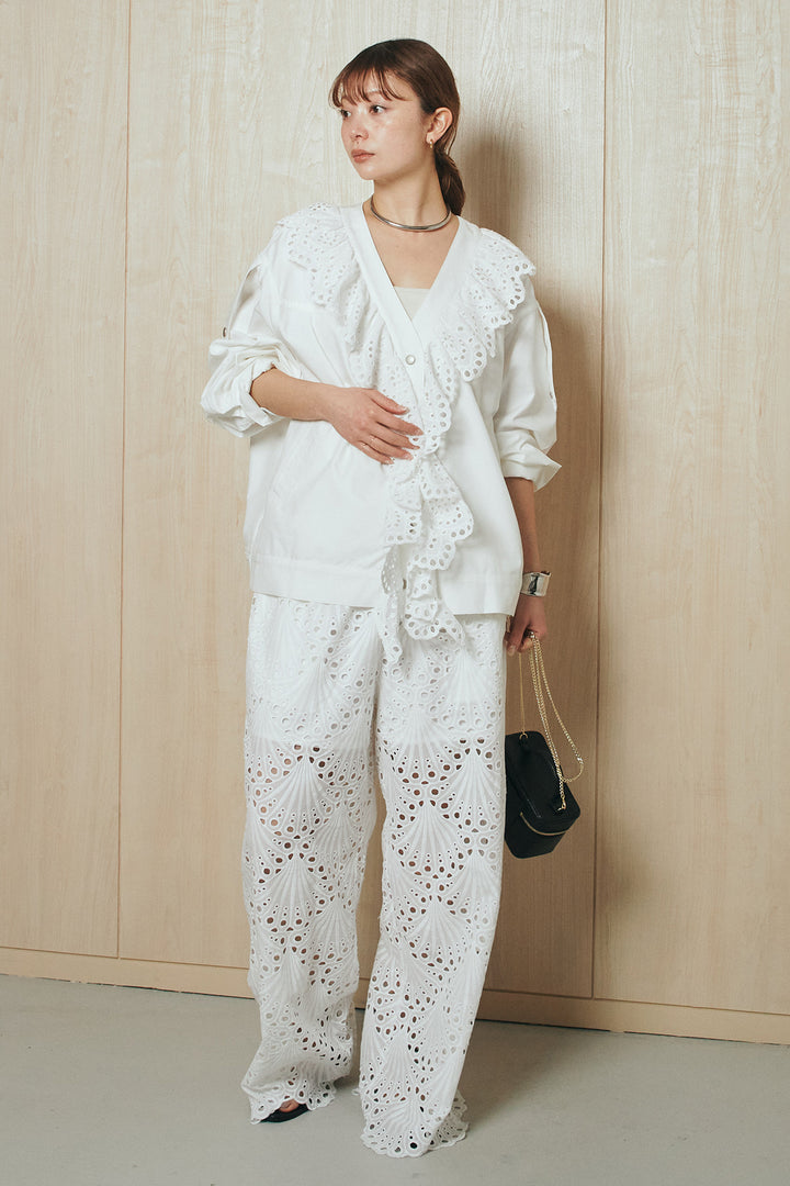 [SET]レースフリルドッキングアウター+レース刺繍リラックスパンツ(2set)