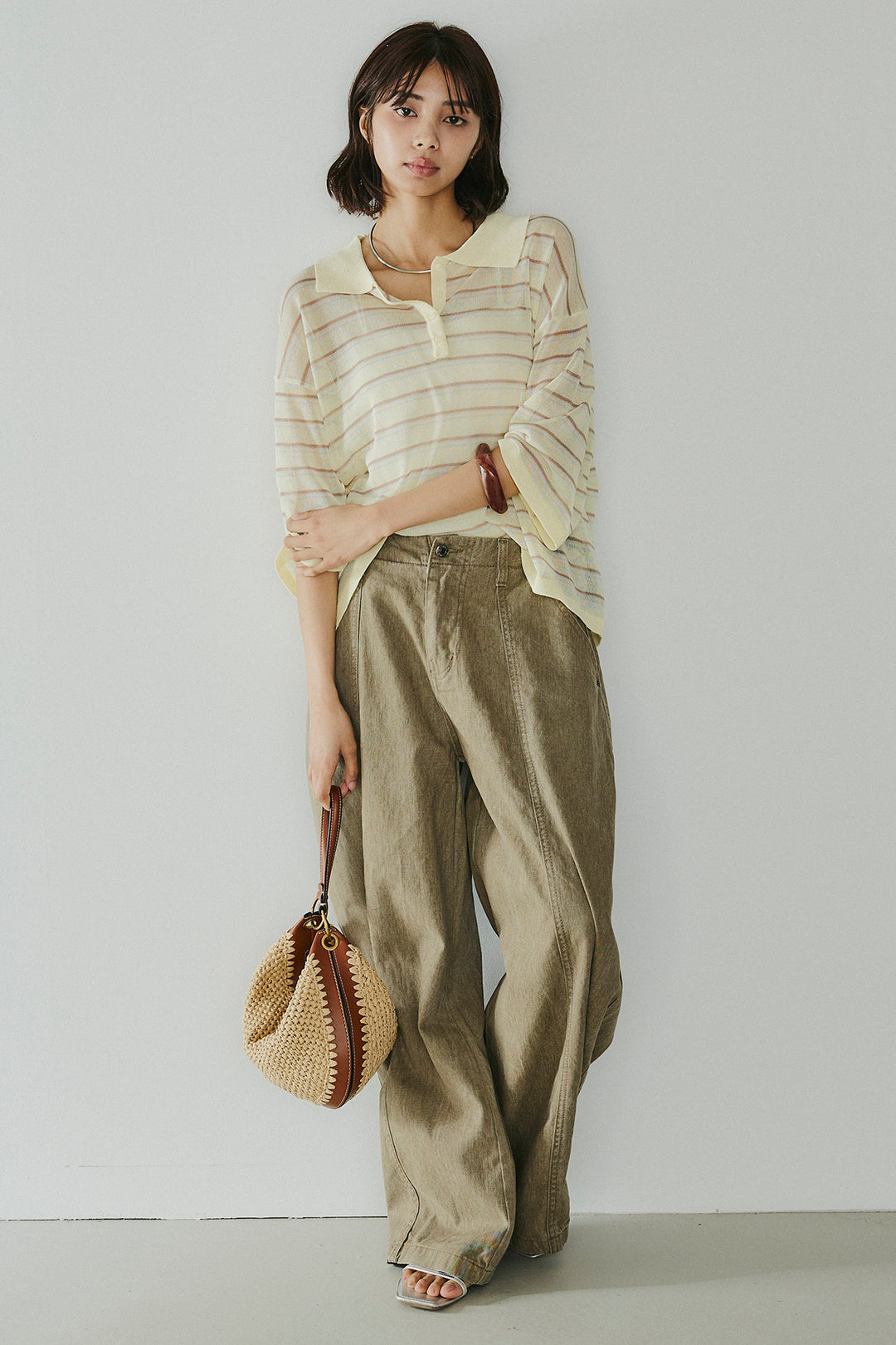 [SET]ボーダーニットポロシャツ+サイドベルトカーブワイドパンツ(2set)