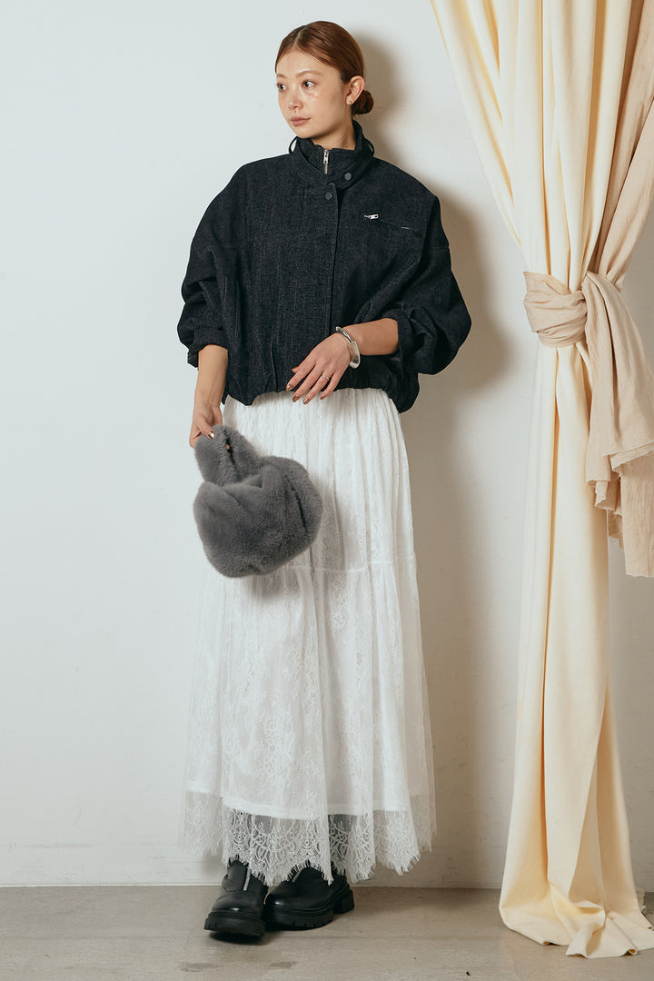 [SET]デニム調ハイネックブルゾン+ひげレース切替ロング丈スカート(2set)