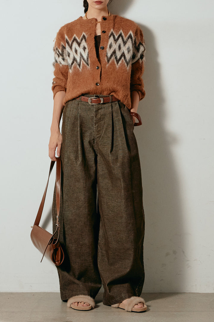 [SET]起毛ノルディック柄ニットカーディガン+フロントタック入りコーデュロイパンツ(2set)