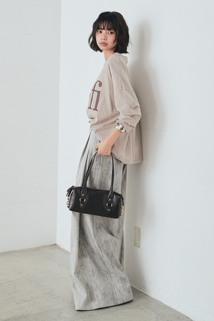 [SET]裾センタードロストロゴプリントワイドTシャツ+紐ベルト付きかすれ柄ワイドスラックス(2set)