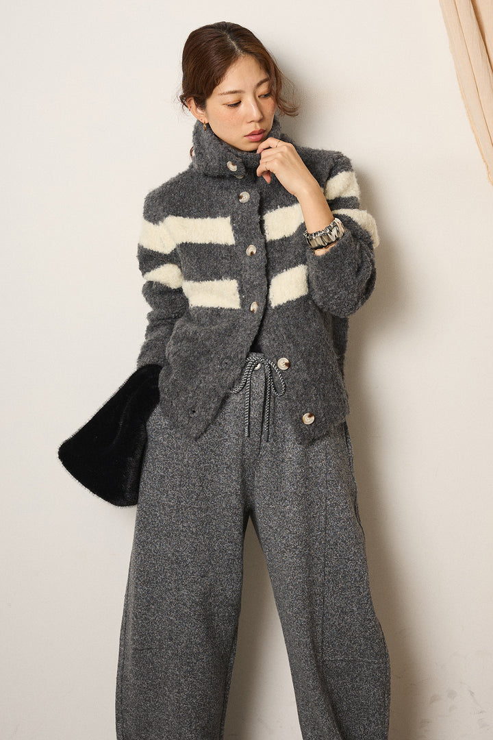 [SET]ハイネックボーダーニットカーディガン+杢ニットフレアパンツ(2set)