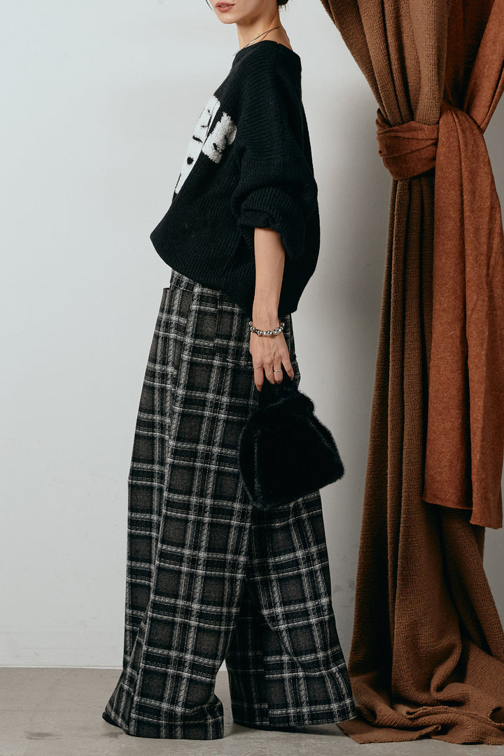 [SET]ロゴジャガードニットトップス+ルーズタータンチェックワイドパンツ(2set)