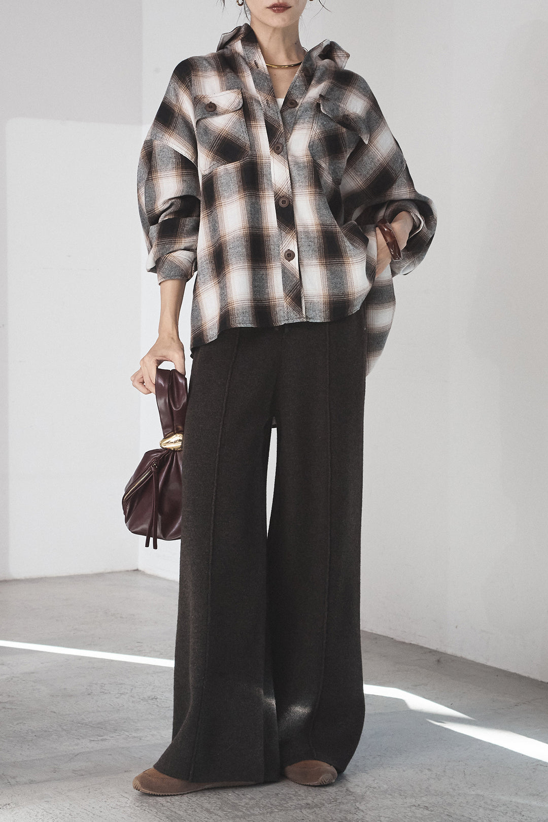 [SET]オンブレーチェックビッグシルエットCPOシャツ+センターラインニットパンツ(2set)