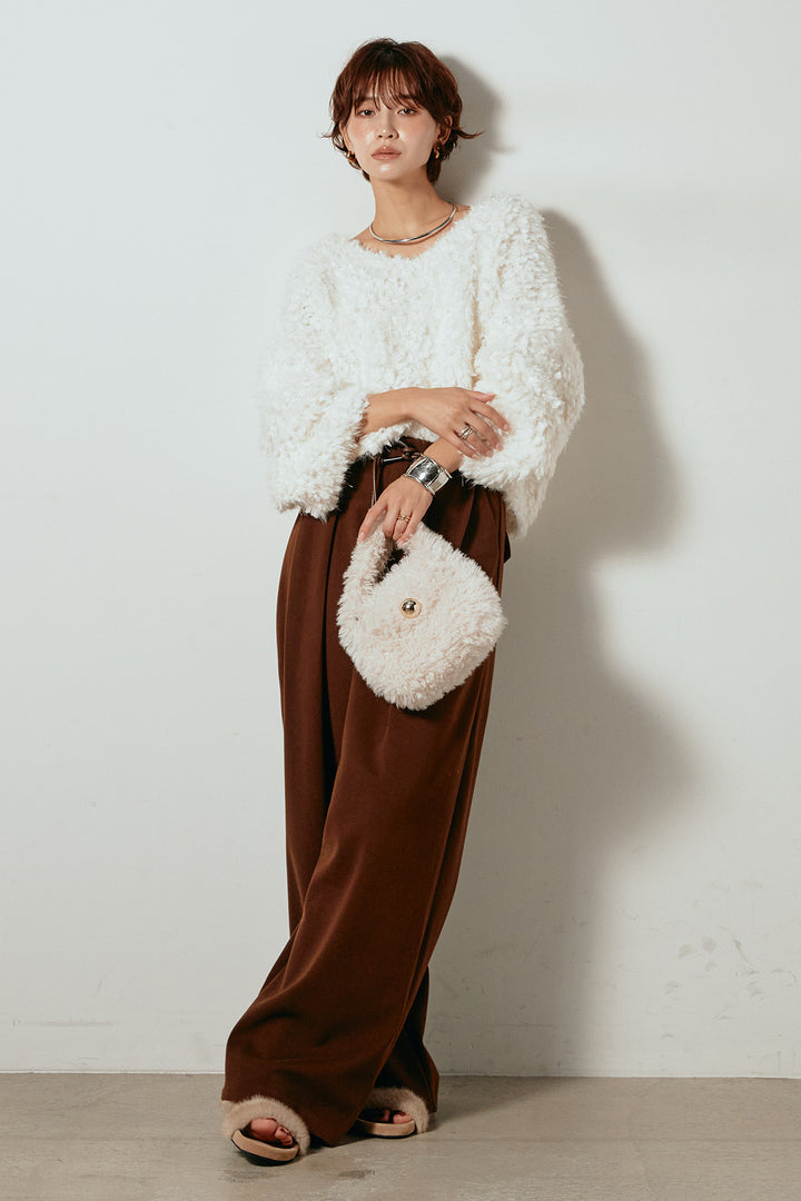 [SET]深Vネックチョウチョヤーンニットトップス+細フェイクレザーベルト付きワイドタックパンツ(2set)