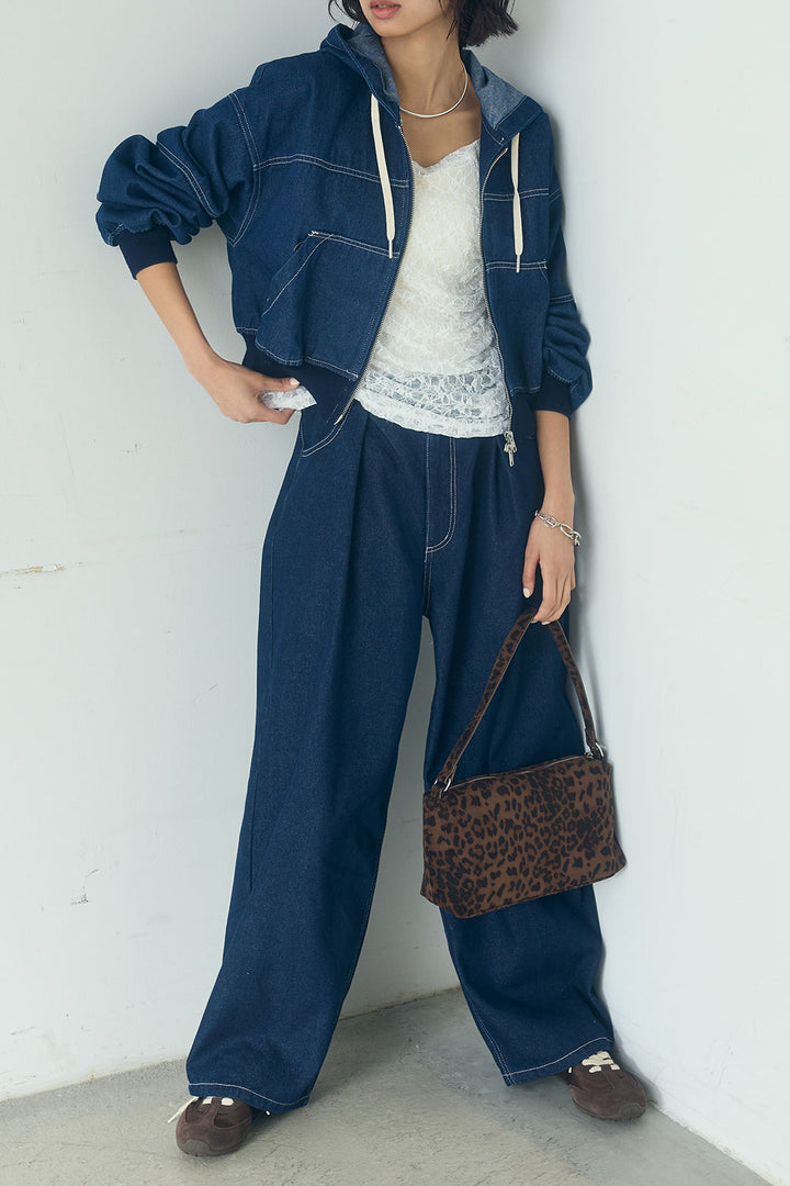 [SET]デニムダブルジップパーカーブルゾン+デニムタックカーブパンツ(2set)