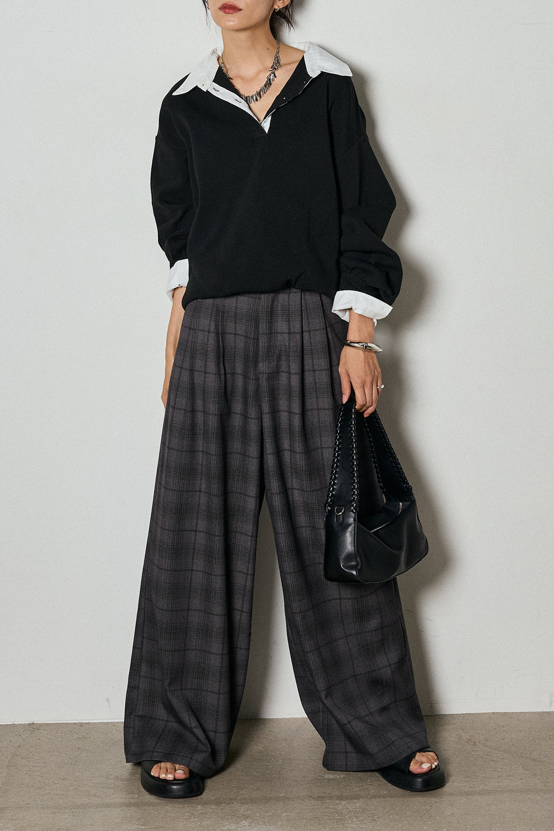 【即納】タック入りタータンチェックワイドパンツ