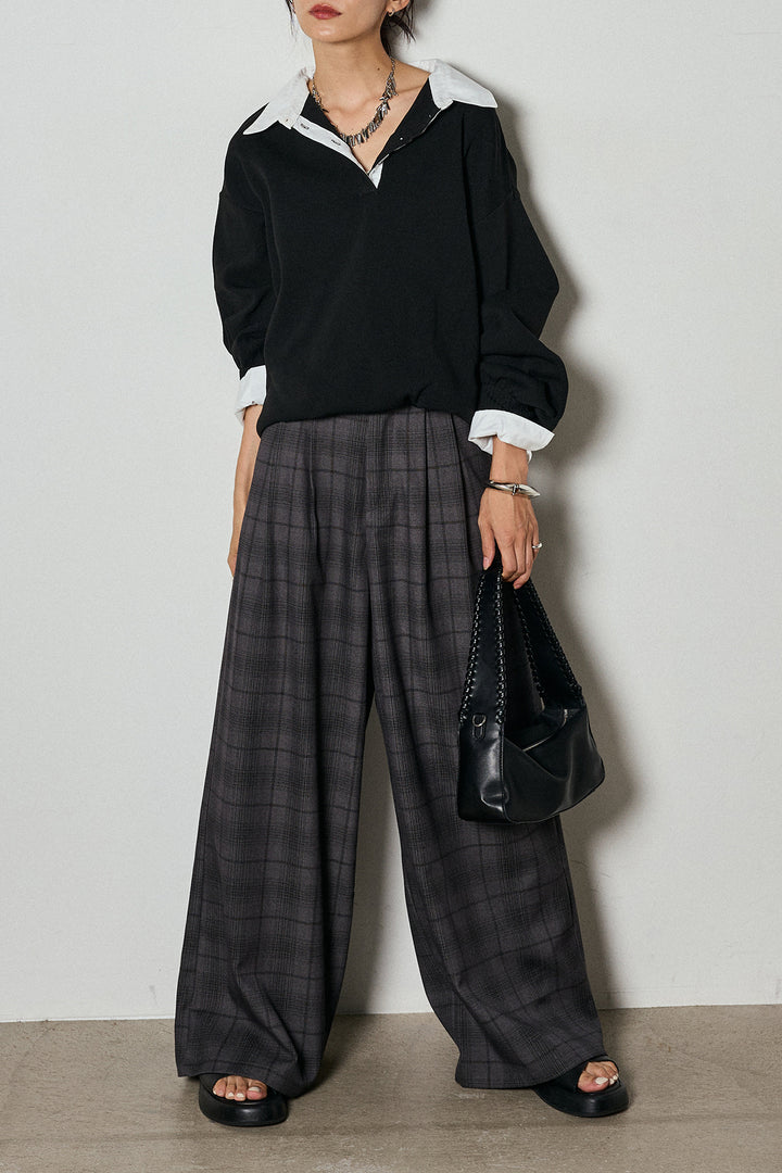 【即納】タック入りタータンチェックワイドパンツ