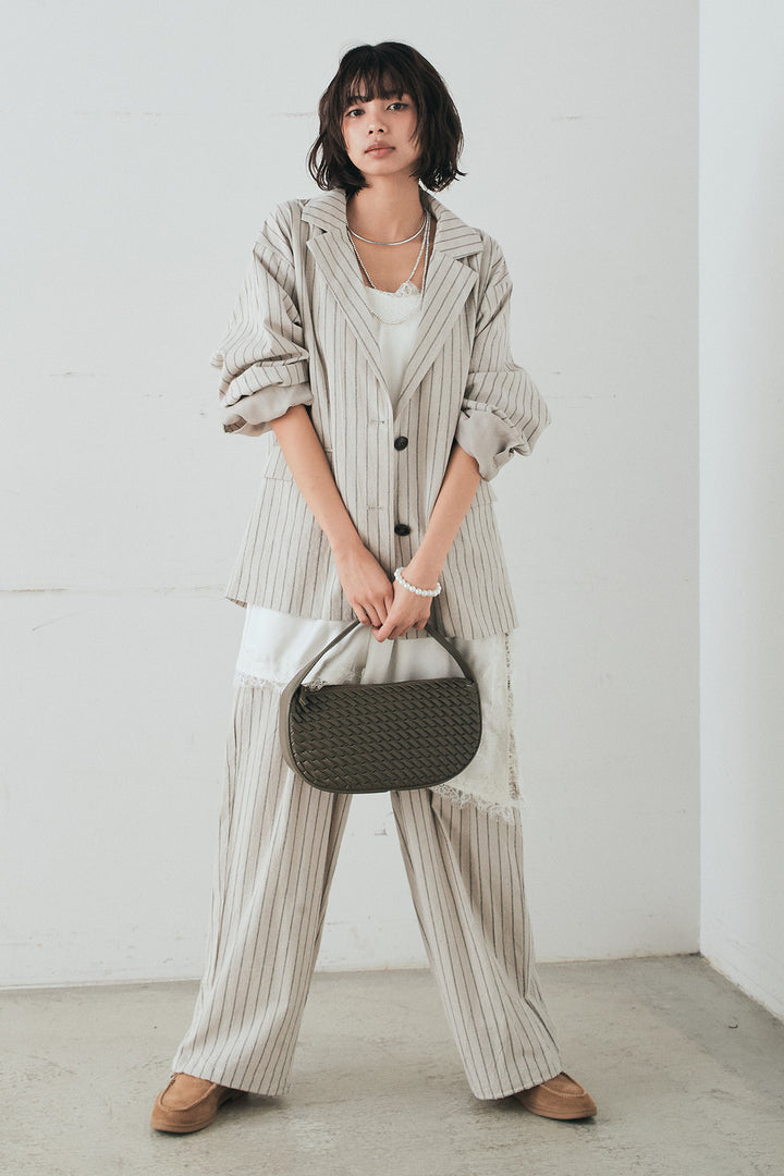 [SET]リネンライクストライプテーラードジャケット+リネンライクストライプタックイージーパンツ(2set)