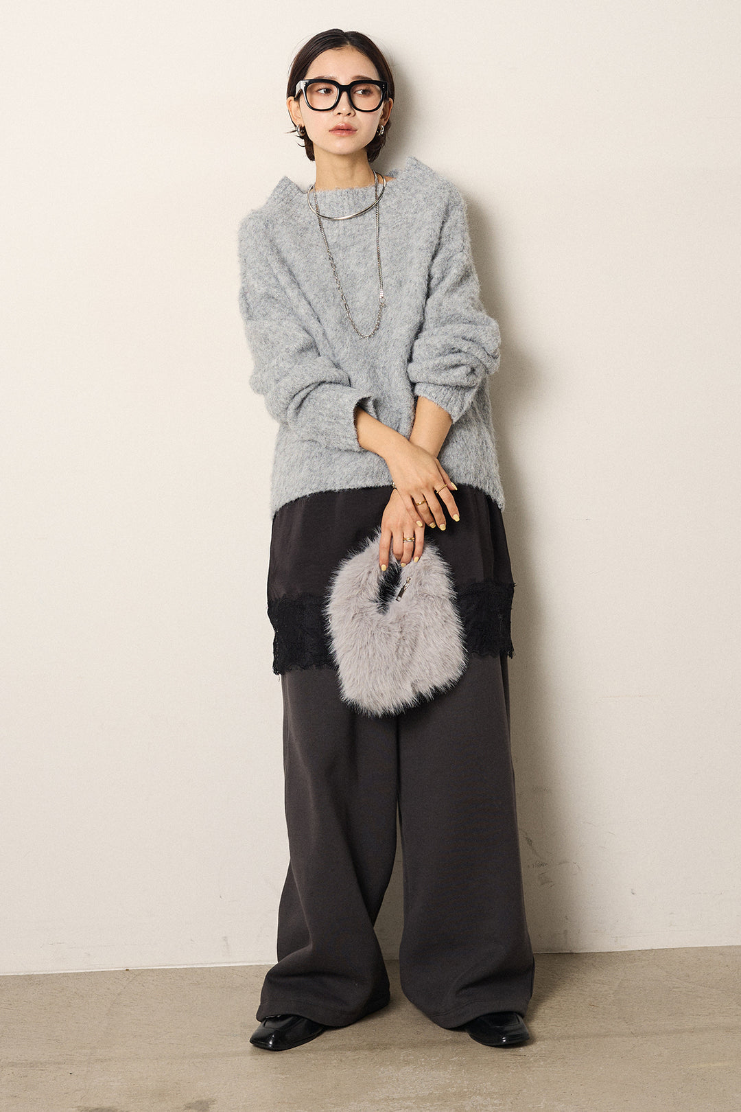 [SET]アルパカタッチオフショルニット+レース切り替えキャミソール+裏起毛スウェットワイドパンツ(3set)