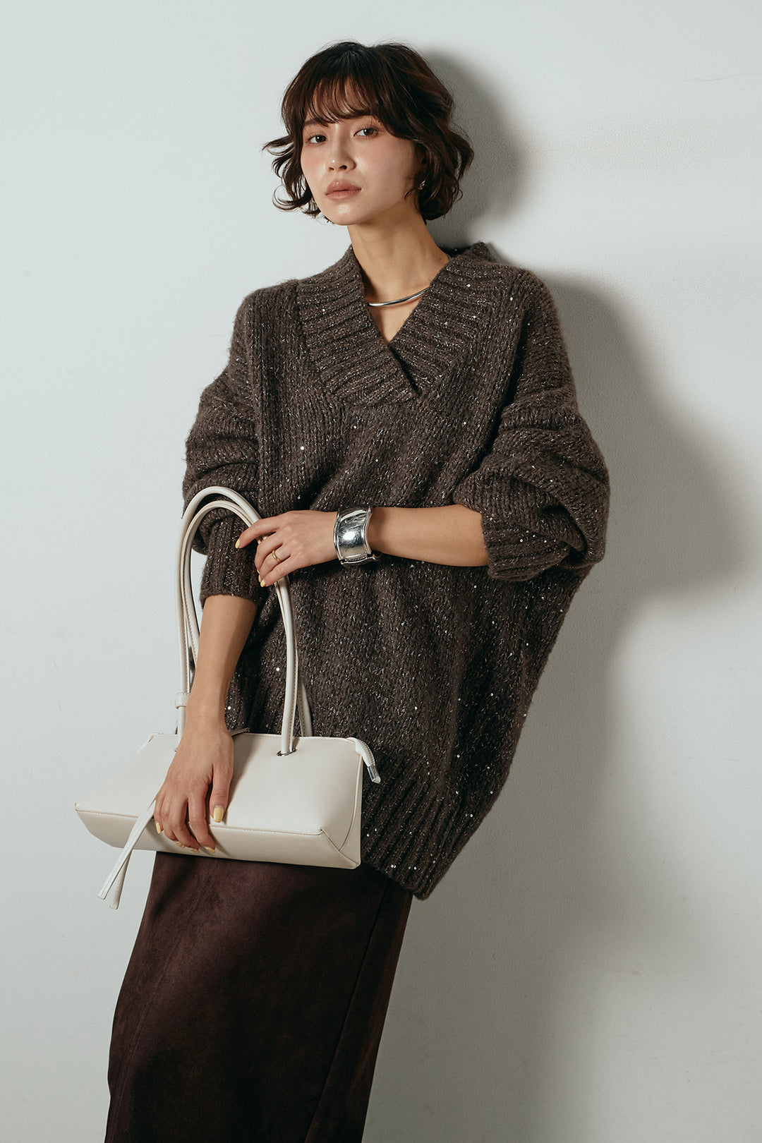 [SET]Vネックラメニットトップス+スウェードライク裾フリンジスカート(2set)