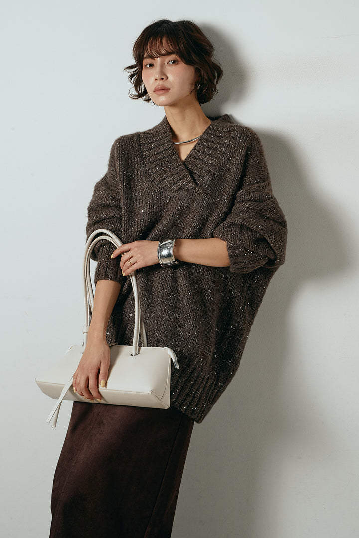 [SET]Vネックラメニットトップス+スウェードライク裾フリンジスカート(2set)