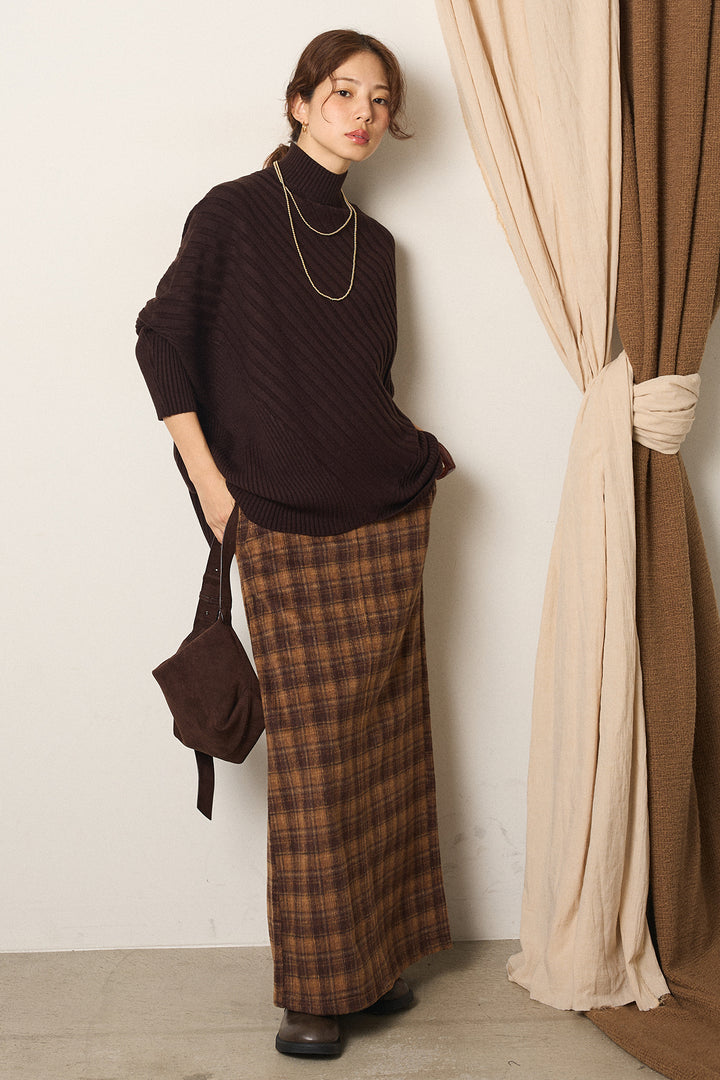 [SET]アシメデザインリブポンチョニットトップス+シャギーチェックストレートスカート(2set)