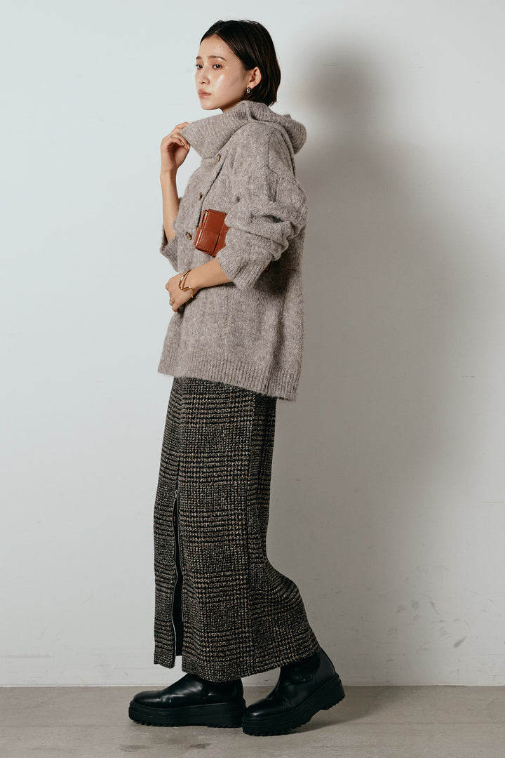 [SET]ケープデザインケーブルニットトップス+グレンチェック柄フロントジップタイトスカート(2set)