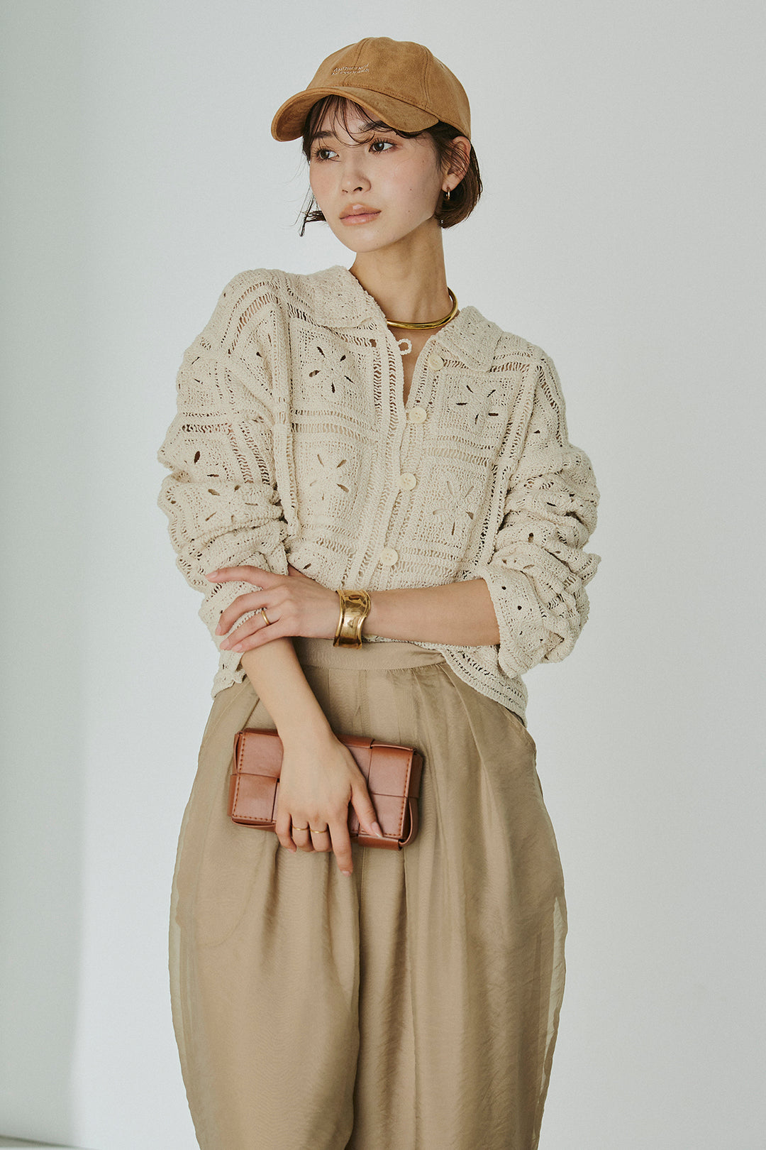 [SET]鍵編みフラワーレースカーディガン+オーガンジータックパンツ(2set)