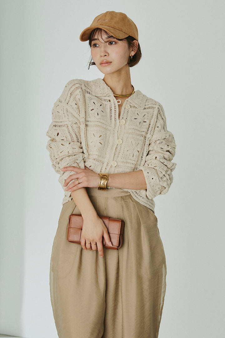 [SET]鍵編みフラワーレースカーディガン+オーガンジータックパンツ(2set)