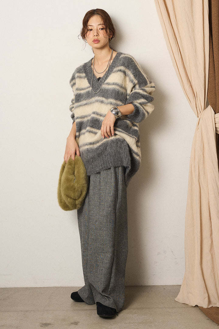 [SET]ルーズVネックボーダーニットトップス+サイドボタンツイードタックパンツ(2set)