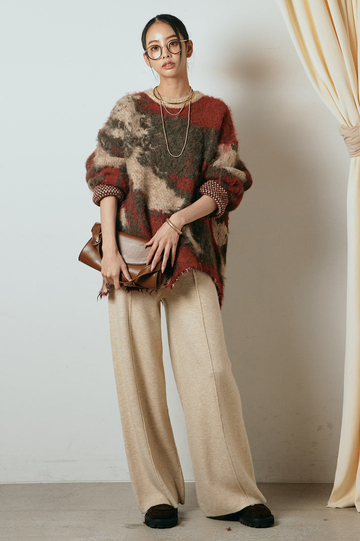 [SET]起毛裾デザインニュアンス柄ニットトップス+センターラインニットパンツ(2set)