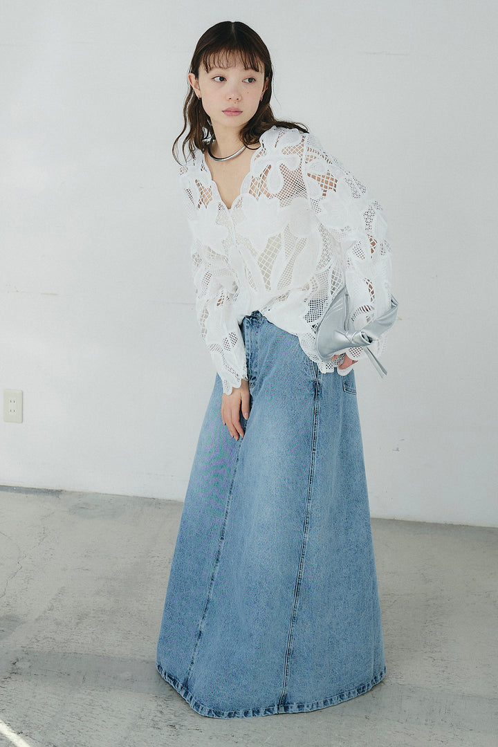 [SET]フラワー刺繍レースブラウス+デニムロングフレアスカート(2set)