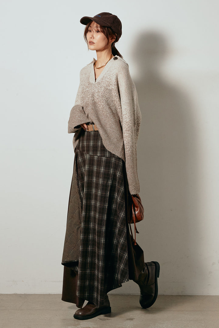 [SET]グラデーションラメニットキーネックプルオーバー+フェイクレザーベルト付き切り替えタータンチェックスカート(2set)