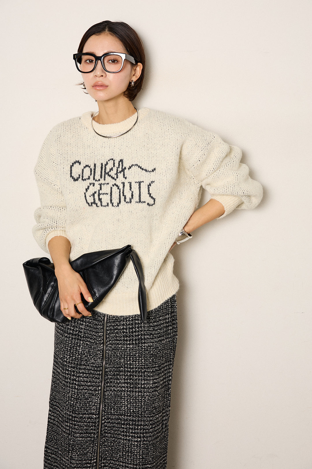 [SET]ロゴシャギーニットプルオーバー+グレンチェック柄フロントジップタイトスカート(2set)