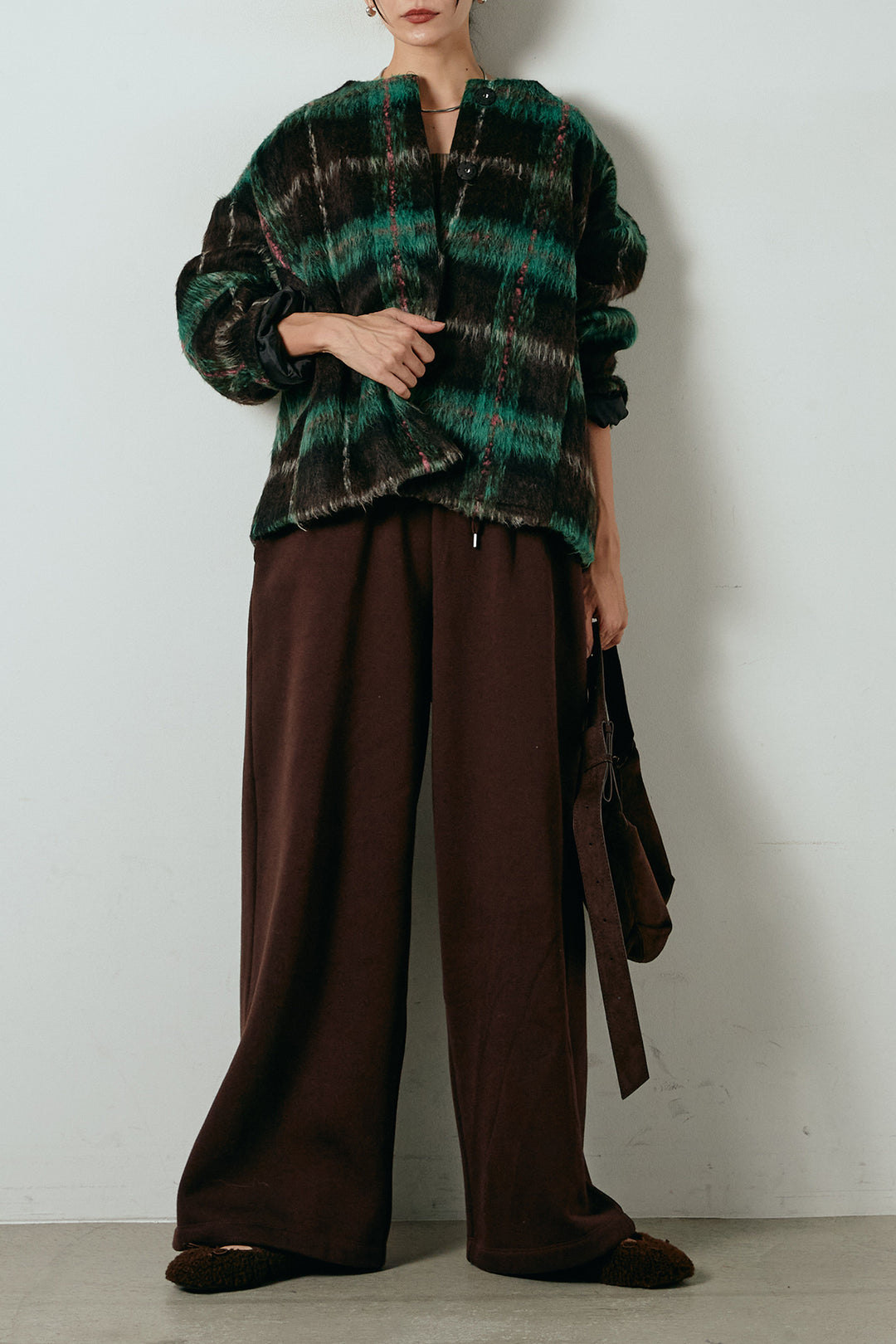 [SET]ノーカラーシャギーチェックアウター+裏起毛スウェットワイドパンツ(2set)