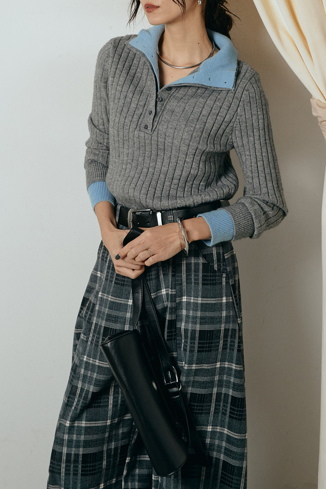 [SET]レイヤード風リブニットトップス+ベルト付きタータンチェックカーブワイドパンツ(2set)