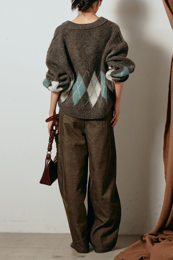 [SET]アーガイル柄ポロニットトップス+フロントタック入りコーデュロイパンツ(2set)