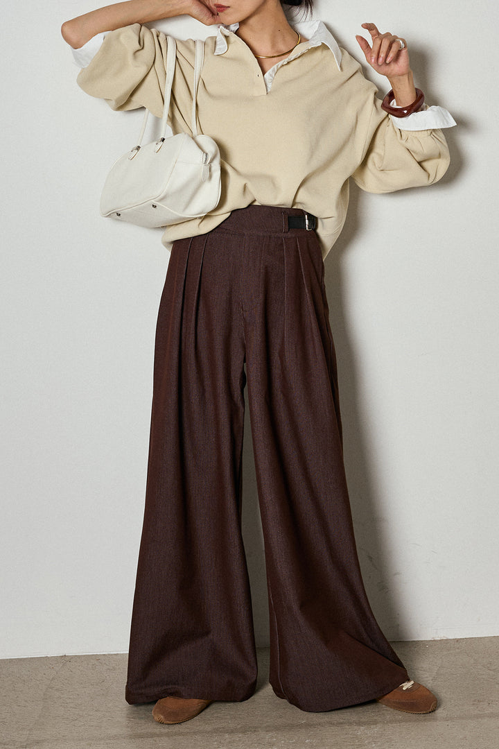 【即納】ウエストベルト付きタックワイドパンツ