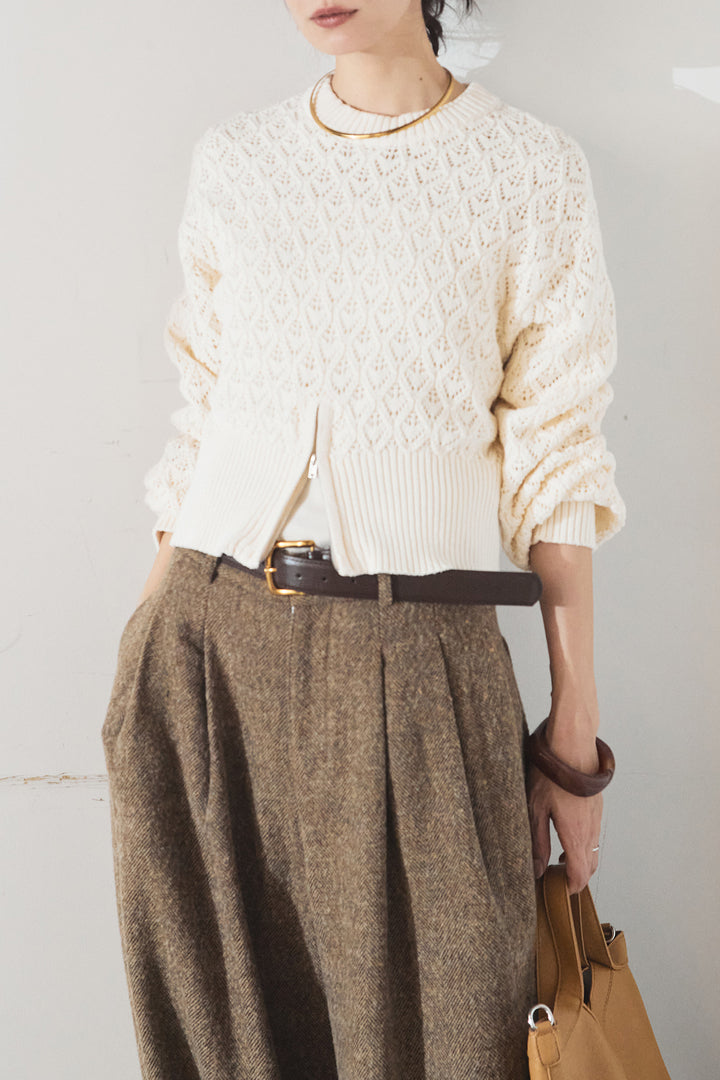 [SET]透かし編みニットジップスリットプルオーバー+タックツイードワイドパンツ(2set)