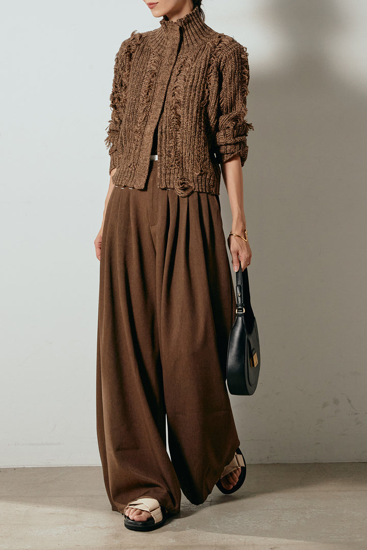 [SET]ハイネックフリンジジップニットトップス+ウエストステッチデザインワイドスラックス(2set)
