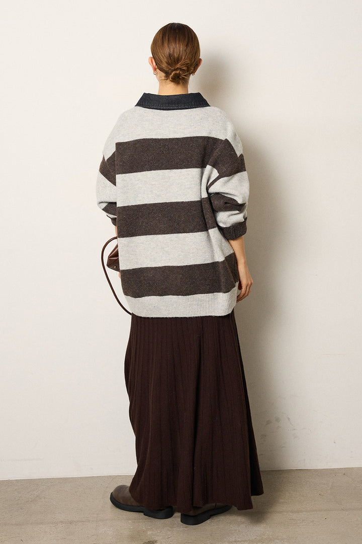 [SET]デニムカラーボーダールーズニット+編み地切り替えフレアニットスカート(2set)