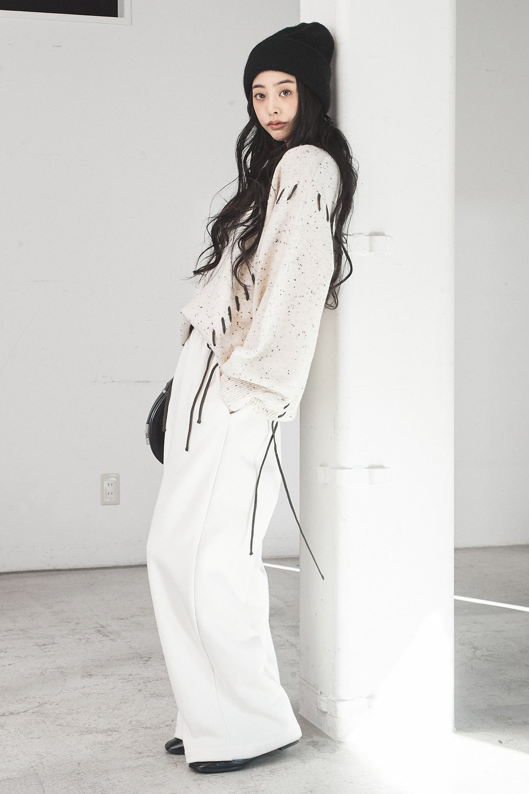 [SET]ネップ編み上げニットトップス+裏起毛スウェットワイドパンツ(2set)