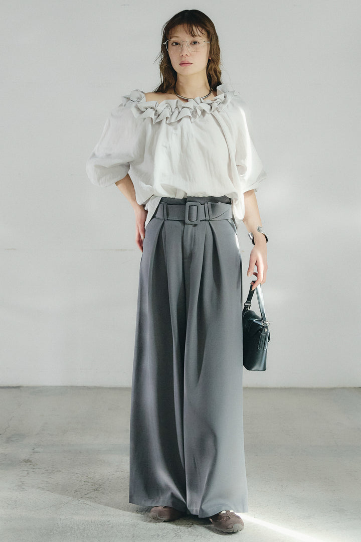 [SET]ネックフリルデザインブラウス+ベルト付きツータックワイドパンツ(2set)