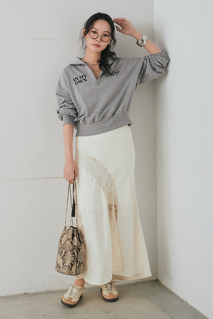 [SET]裏毛ロゴ刺繍ハーフZIPスウェット+刺繍レースデザインサテンスカート(2set)