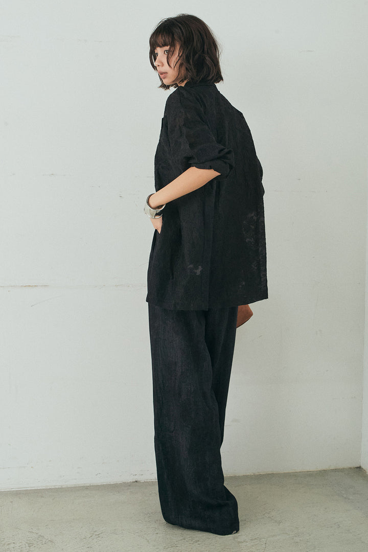 [SET]刺繍シアーオープンカラーシャツ+リネン混かすれ柄ワイドパンツ(2set)