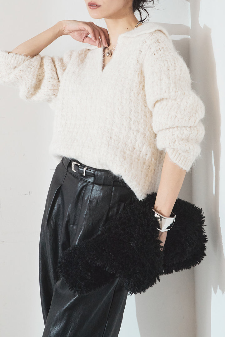 [SET]襟付きVネックニットトップス+ベルト付きレザーライクタックパンツ(2set)