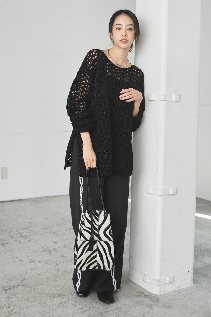 [SET]リラックスメッシュニットトップス+刺繡テープラインパンツ(2set)