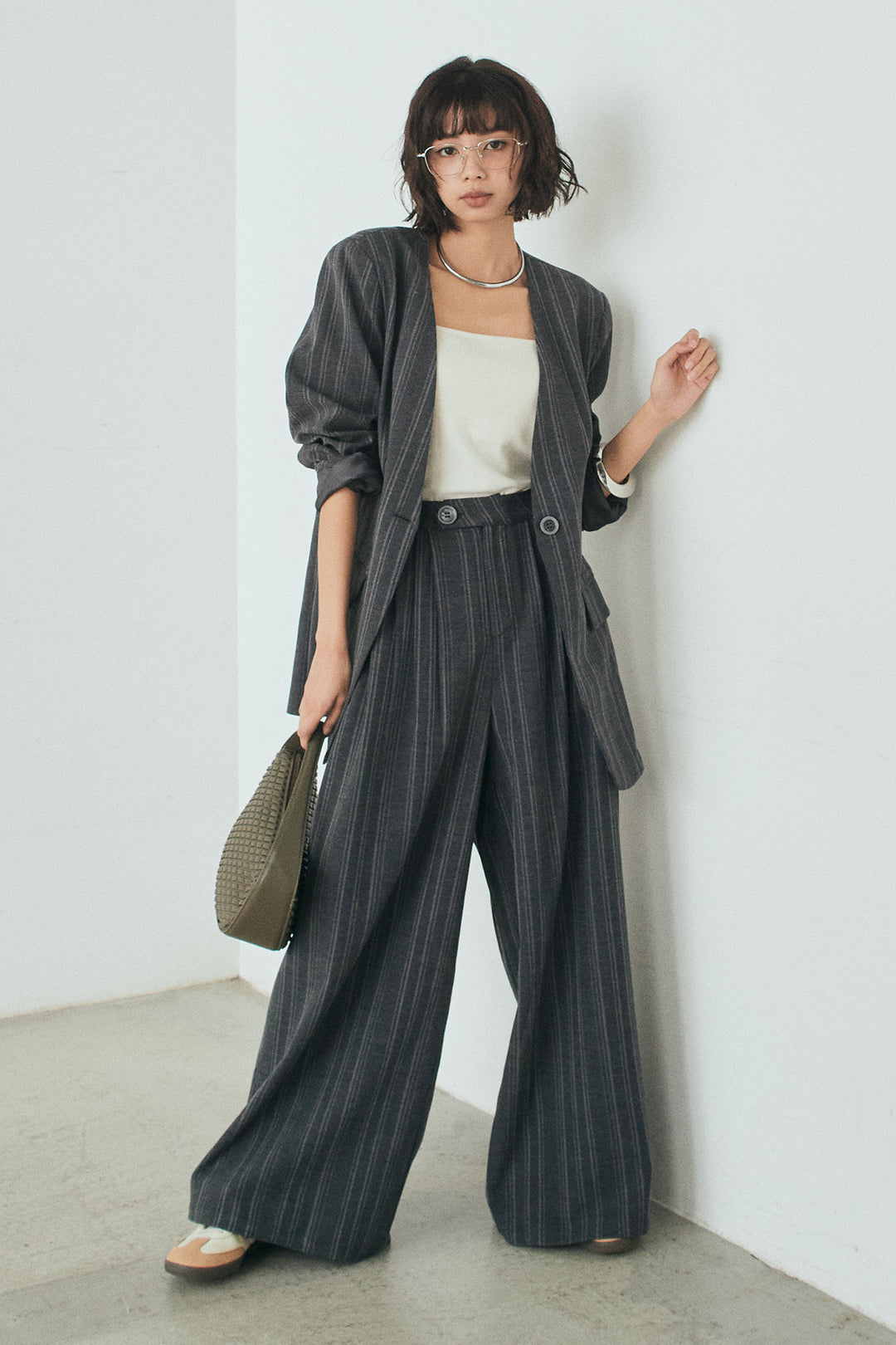 [SET]ノーカラーピンストライプジャケット+ピンストライプワイドスラックス(2set)